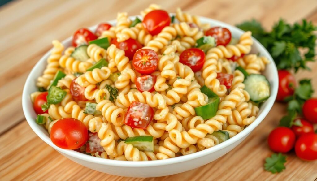 A delightful pasta salad fills the frame, its vibrant colors and textures inviting the viewer to dig in. Spirals of al dente penne are tossed with crisp vegetables - juicy cherry tomatoes, crunchy cucumber slices, and bright green bell pepper chunks. A creamy, herb-infused dressing coats the salad, its tangy and savory notes mingling harmoniously. The salad is presented in a shallow white bowl, placed on a wooden table with a light, airy backdrop. Warm, diffused lighting casts a gentle glow, accentuating the dish's freshness and appeal. The overall scene exudes a casual, picnic-style atmosphere, perfect for a flavor-packed lunch or gathering.