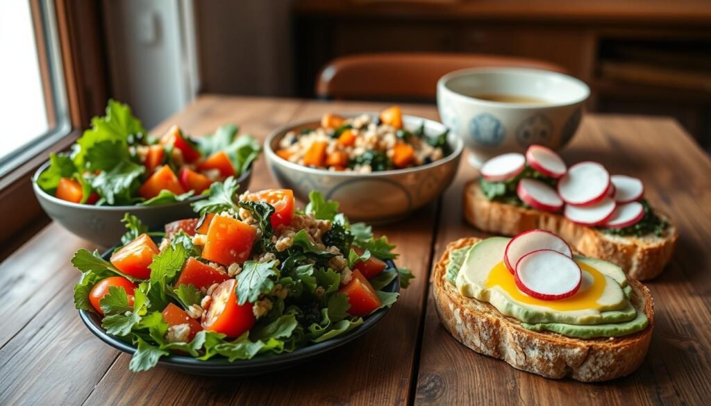A delightful vegan lunch scene on a rustic wooden table. In the foreground, a vibrant salad with crisp greens, juicy tomatoes, and crunchy vegetables, dressed in a tangy vinaigrette. Beside it, a hearty grain bowl brimming with quinoa, roasted sweet potatoes, and sautéed kale. In the middle ground, a creamy avocado toast adorned with sliced radishes and a drizzle of olive oil. Soft natural lighting filters through the window, casting a warm, inviting glow over the scene. The atmosphere is casual and nourishing, capturing the essence of a quick, satisfying vegan lunch.