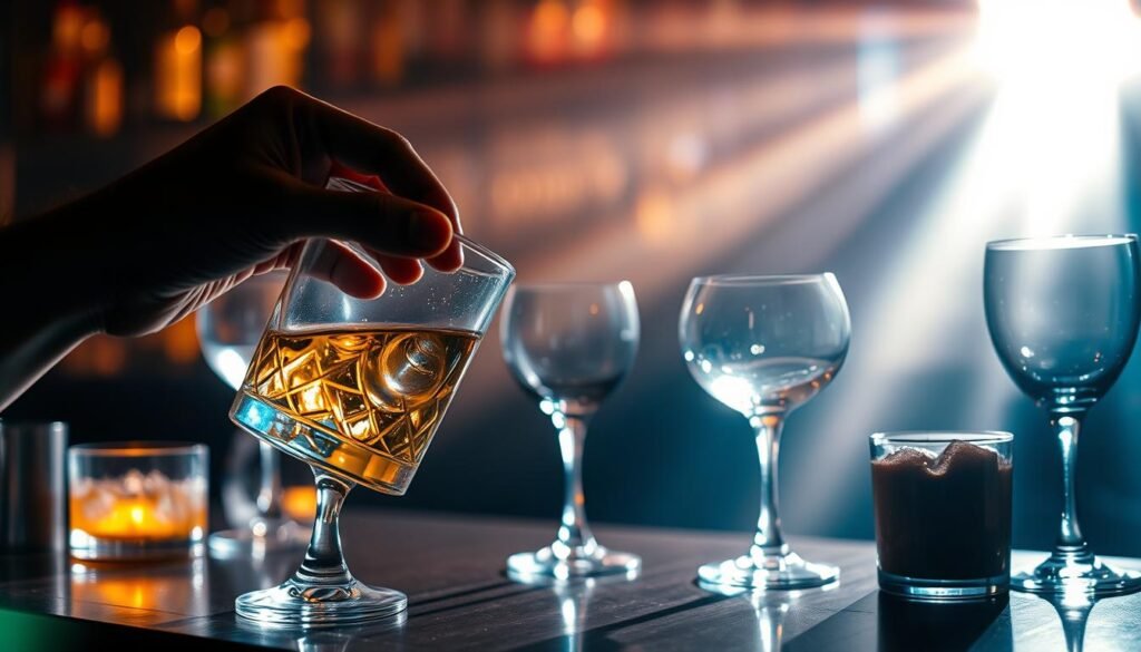 A dimly lit bar counter, backlit by soft, warm lighting that casts a subtle glow. Hazy rays of light filter through a mix of translucent glassware, carefully arranged to refract and enhance the visual appeal of the drinks. The liquids within shimmer and dance, their colors and textures accentuated by the strategic placement of the glasses. In the foreground, a hand gently swirls a crystal tumbler, the motion and the reflection of the liquid creating a mesmerizing, sensory experience. The atmosphere is one of anticipation and discovery, inviting the viewer to engage with the drinks on a deeper, multisensory level.