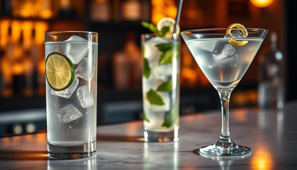 A dimly lit bar counter showcases an array of sparkling low-calorie cocktails. In the foreground, a glass of refreshing gin and tonic with a slice of lime sits atop a white marble surface. In the middle ground, a mojito with fresh mint and a splash of club soda glistens under the warm, soft lighting. Further back, a sleek martini glass filled with a clear, crisp vodka soda garnished with a lemon twist stands elegantly. The overall scene evokes a cozy, sophisticated ambiance, inviting the viewer to indulge in these classic, calorie-conscious concoctions.