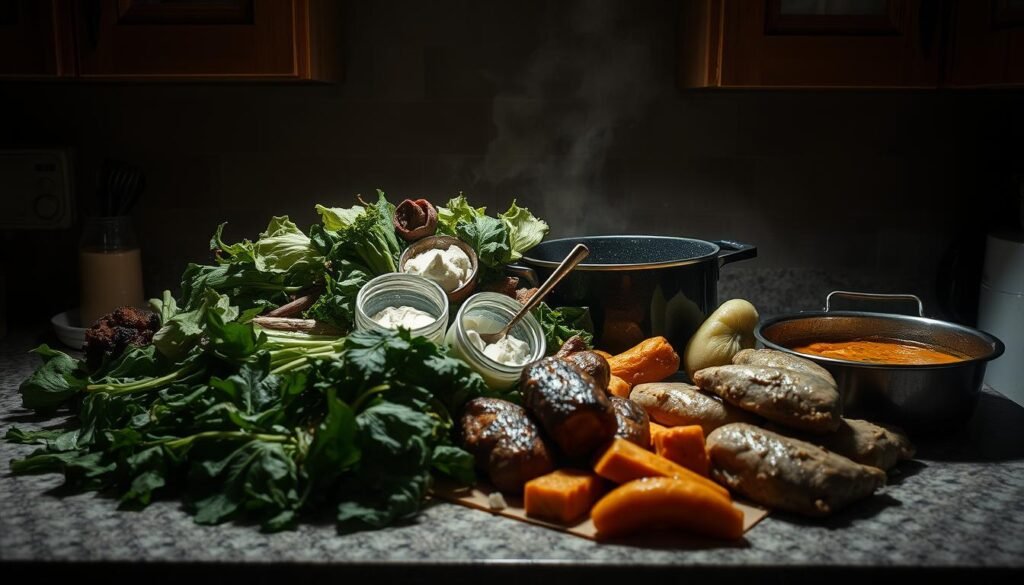 A dimly lit kitchen counter, piled high with a mess of ingredients - wilted greens, curdled dairy, a scorched pot, and undercooked protein. The scene exudes a sense of culinary disaster, the failed attempts at a keto soup recipe evident in the haphazard arrangement. Harsh shadows cast by unforgiving overhead lighting emphasize the gravity of these mistakes, a cautionary tale for the aspiring keto chef. The mood is one of frustration and disappointment, a stark contrast to the anticipated nourishment and fat-burning benefits of a well-executed keto soup. This image serves as a visual guide to the pitfalls of keto soup preparation, a lesson in what not to do for the viewer seeking a satisfying and healthy meal.