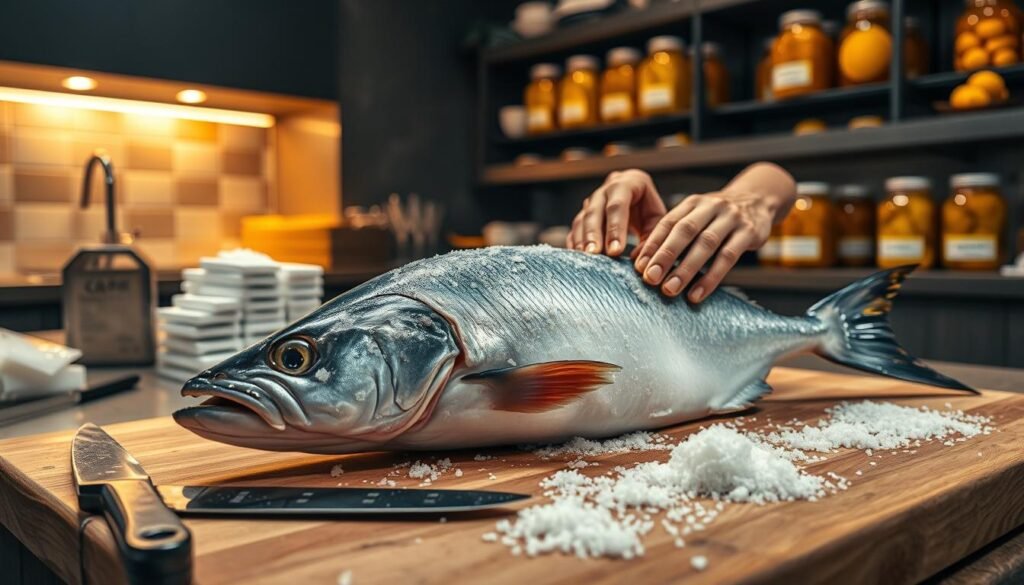 A dimly lit modern kitchen, the counter bathed in warm, golden light. In the foreground, a fresh, glistening whole fish lies on a wooden cutting board, surrounded by the tools of the salt-curing trade - a salt box, a sharp fillet knife, and stacks of salt crystals. In the middle ground, a skilled chef's hands carefully massage the fish, rubbing the salt deeply into its flesh, creating a textural contrast between the smooth skin and the coarse, crystalline layer. In the background, jars of cured fish and preserved lemons line the shelves, hinting at the flavorful Caribbean dishes to come.