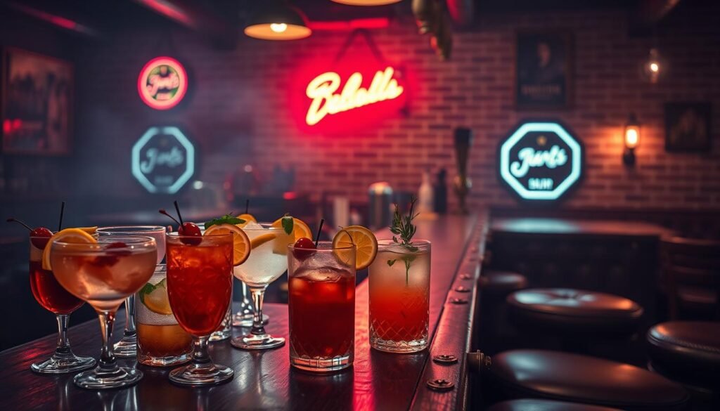 A dimly lit vintage-inspired bar scene with a hazy, moody atmosphere. In the foreground, an array of retro-style glassware filled with various colorful cocktails, garnished with citrus slices, maraschino cherries, and sprigs of fresh herbs. The middle ground features a weathered, wooden bar top with brass accents, surrounded by leather-upholstered stools. In the background, a brick wall is adorned with a neon sign, casting a warm glow throughout the space. The lighting is soft and atmospheric, with a slight vignette effect. The overall aesthetic is one of timeless elegance, evoking a sense of nostalgia and sophistication.