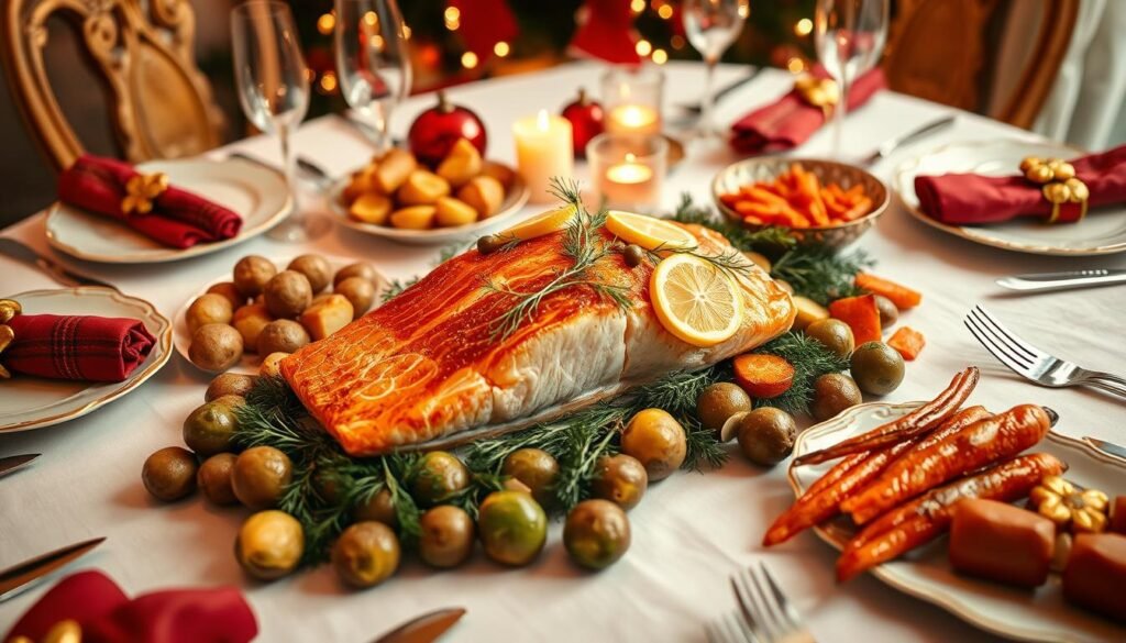 A festive Christmas dinner table set with a centerpiece of fresh, glistening salmon fillet, garnished with lemon slices, dill, and capers. Roasted potatoes, brussels sprouts, and glazed carrots surround the main course, creating a visually appealing and mouthwatering scene. The table is dressed in a crisp white tablecloth, with gold and red accents in the napkins and tableware. Warm, soft lighting casts a cozy glow, and the overall atmosphere evokes a sense of comfort and celebration, perfect for creating lasting memories. A festive Christmas dinner table set with a centerpiece of fresh, glistening salmon fillet, garnished with lemon slices, dill, and capers. Roasted potatoes, brussels sprouts, and glazed carrots surround the main course, creating a visually appealing and mouthwatering scene. The table is dressed in a crisp white tablecloth, with gold and red accents in the napkins and tableware. Warm, soft lighting casts a cozy glow, and the overall atmosphere evokes a sense of comfort and celebration, perfect for creating lasting memories.