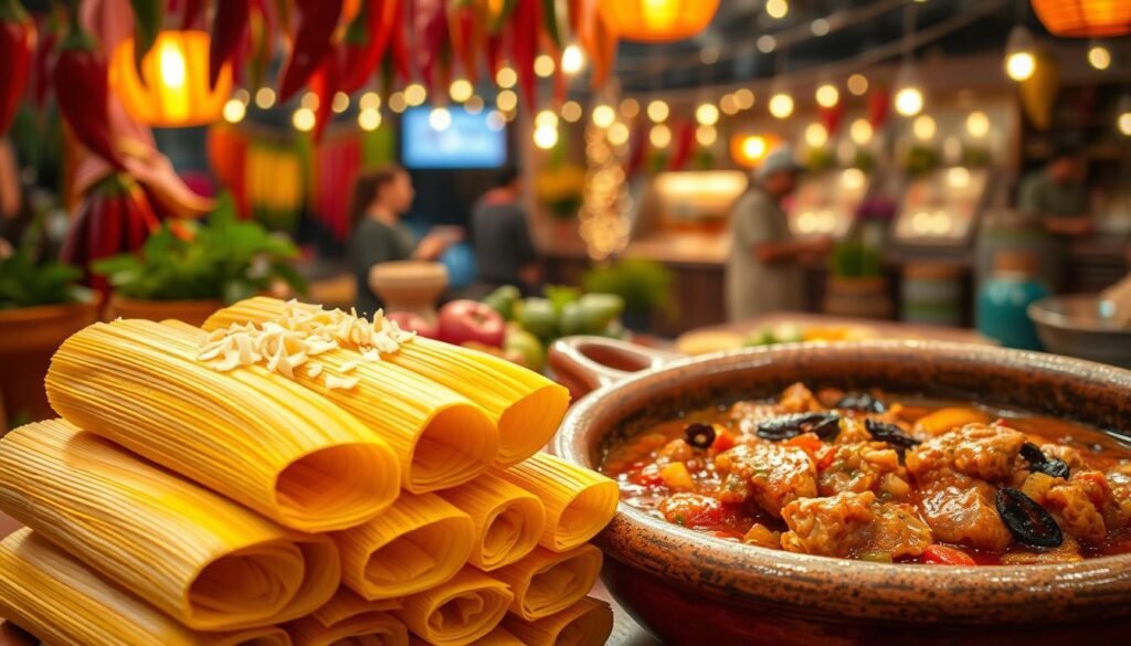 A festive Mexican chicken tamale scene with vibrant colors and textures. In the foreground, a stack of freshly steamed tamales, their masa dough wrapped in corn husks and adorned with a sprinkle of cotija cheese. In the middle ground, a clay dish filled with a rich, deeply spiced chicken tinga stew, simmered with tomatoes, onions, and chipotle peppers. The background features a lively Mexican market setting, with a colorful array of hanging chili peppers, twinkling string lights, and the silhouettes of vendors selling their wares. Warm, golden lighting casts a cozy glow over the scene, evoking the celebratory atmosphere of a traditional Mexican fiesta.