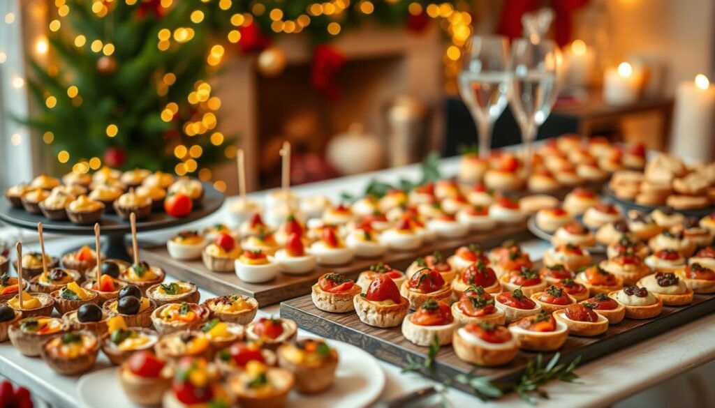 A festive and visually enticing holiday fingerfood party table, featuring an array of tempting appetizers arranged with care. In the foreground, a selection of colorful and bite-sized delights, such as miniature quiches, stuffed mushrooms, and skewered fruit. The middle ground showcases an assortment of savory hors d'oeuvres, including delicate bruschetta, deviled eggs, and artfully arranged cheese and cracker platters. In the background, a cozy and inviting holiday setting, with twinkling lights, a touch of greenery, and a warm, sophisticated ambiance. The lighting is soft and flattering, creating a gentle, celebratory atmosphere. The camera angle is slightly elevated, allowing for a comprehensive and visually compelling view of the diverse and mouthwatering fingerfood offerings.