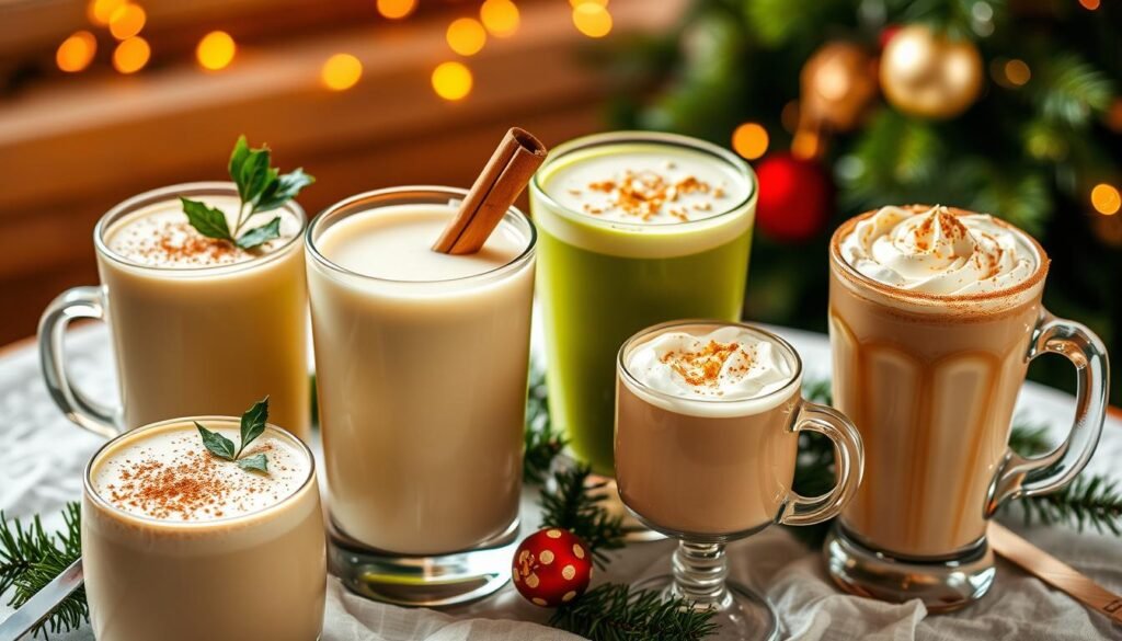 A festive arrangement of four eggnog variations, each with its own distinct twist. In the foreground, a classic eggnog with a dusting of nutmeg, complemented by a sprig of holly. In the middle ground, a creamy, rum-infused eggnog garnished with a cinnamon stick. To the side, a vibrant green eggnog spiked with matcha, topped with a sprinkle of gold flakes. Finally, a velvety eggnog latte with a swirl of whipped cream and a cinnamon-sugar rim. Warm lighting casts a cozy glow over the scene, evoking the spirit of a winter wonderland. The arrangement is captured from an elevated angle, showcasing the vibrant colors and festive details that embody the essence of the "Festive Eggnog Varieties" section.