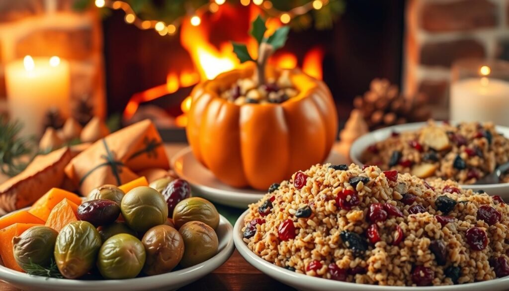 A festive arrangement of gluten-free Christmas dishes set against a warm, rustic backdrop. In the foreground, a selection of delectable gluten-free sides - roasted sweet potatoes, Brussels sprouts, and a hearty quinoa salad with cranberries and nuts. In the middle ground, a beautifully plated gluten-free stuffed acorn squash, its vibrant orange hue contrasting with the earthy tones of the surrounding dishes. The background features a cozy, firelit setting, with twinkling fairy lights and a sprig of holly adding a touch of holiday cheer. The lighting is soft and inviting, creating a sense of comfort and togetherness. The overall mood is one of celebration and inclusivity, showcasing the delicious possibilities of gluten-free Christmas cuisine.