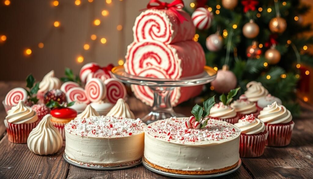 A festive arrangement of peppermint-infused Christmas desserts, elegantly presented on a rustic wooden table. In the foreground, a luscious peppermint cheesecake with a dusting of crushed candy canes, its smooth surface reflecting the warm glow of twinkling string lights overhead. Surrounding it, an array of peppermint-swirled meringues, peppermint-filled macarons, and peppermint-frosted cupcakes, each adorned with a delicate sprig of holly. In the middle ground, a vintage-inspired glass cake stand holds a towering peppermint yule log, its intricate swirls of white and red mirrored by the ornaments hanging from a nearby Christmas tree. The background is softly blurred, allowing the desserts to take center stage, radiating a sense of festive, indulgent charm. A festive arrangement of peppermint-infused Christmas desserts, elegantly presented on a rustic wooden table. In the foreground, a luscious peppermint cheesecake with a dusting of crushed candy canes, its smooth surface reflecting the warm glow of twinkling string lights overhead. Surrounding it, an array of peppermint-swirled meringues, peppermint-filled macarons, and peppermint-frosted cupcakes, each adorned with a delicate sprig of holly. In the middle ground, a vintage-inspired glass cake stand holds a towering peppermint yule log, its intricate swirls of white and red mirrored by the ornaments hanging from a nearby Christmas tree. The background is softly blurred, allowing the desserts to take center stage, radiating a sense of festive, indulgent charm.