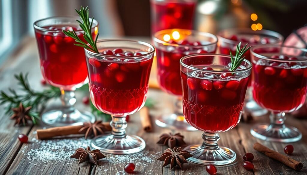 A festive arrangement of pomegranate-infused holiday cocktails, bathed in a warm, cozy glow. In the foreground, a collection of crystal tumblers filled with ruby-red pomegranate punch, garnished with fresh pomegranate arils and a sprig of rosemary. Surrounding the glasses, a scattering of cinnamon sticks, whole star anise, and a dusting of powdered sugar. In the middle ground, a wooden table top, its surface weathered and distressed, sets the rustic backdrop. Overhead, soft, diffused lighting casts a gentle radiance, creating a inviting, intimate atmosphere, perfect for sipping and savoring these refreshing, seasonal libations.