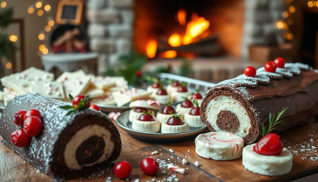 A festive array of no-bake Christmas desserts, arranged on a rustic wooden table. In the foreground, a decadent chocolate yule log is adorned with fresh cranberries and a dusting of powdered sugar. Beside it, a platter of homemade peppermint bark, its smooth white chocolate surface studded with crushed candy canes. In the middle ground, a tray of glistening, jewel-toned no-bake cheesecake bites, topped with sugared cranberries and sprigs of fresh rosemary. The background features a cozy, warm-lit setting, with a flickering fireplace and a sprinkling of twinkling fairy lights, creating a magical, inviting atmosphere. Soft, diffused lighting casts a gentle glow over the entire scene, emphasizing the delectable textures and rich colors of the desserts. A festive array of no-bake Christmas desserts, arranged on a rustic wooden table. In the foreground, a decadent chocolate yule log is adorned with fresh cranberries and a dusting of powdered sugar. Beside it, a platter of homemade peppermint bark, its smooth white chocolate surface studded with crushed candy canes. In the middle ground, a tray of glistening, jewel-toned no-bake cheesecake bites, topped with sugared cranberries and sprigs of fresh rosemary. The background features a cozy, warm-lit setting, with a flickering fireplace and a sprinkling of twinkling fairy lights, creating a magical, inviting atmosphere. Soft, diffused lighting casts a gentle glow over the entire scene, emphasizing the delectable textures and rich colors of the desserts.