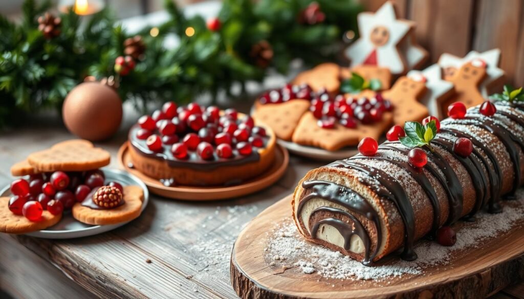 A festive display of delectable vegan Christmas desserts, artfully arranged on a rustic wooden table. In the foreground, a decadent chocolate yule log drizzled with glossy ganache and adorned with sprigs of fresh holly. Beside it, a sumptuous vegan cheesecake crowned with a mosaic of ruby pomegranate arils and dusted with powdered sugar. In the middle ground, a platter of elegant gingerbread cookies, their intricate shapes and designs highlighted by warm, natural lighting. In the background, a lush, verdant garland cascades over the table's edge, lending a cozy, holiday ambiance. The scene is captured with a soft, dreamlike focus, conveying the indulgent, yet wholesome, nature of these vegan Christmas dessert delights. A festive display of delectable vegan Christmas desserts, artfully arranged on a rustic wooden table. In the foreground, a decadent chocolate yule log drizzled with glossy ganache and adorned with sprigs of fresh holly. Beside it, a sumptuous vegan cheesecake crowned with a mosaic of ruby pomegranate arils and dusted with powdered sugar. In the middle ground, a platter of elegant gingerbread cookies, their intricate shapes and designs highlighted by warm, natural lighting. In the background, a lush, verdant garland cascades over the table's edge, lending a cozy, holiday ambiance. The scene is captured with a soft, dreamlike focus, conveying the indulgent, yet wholesome, nature of these vegan Christmas dessert delights.