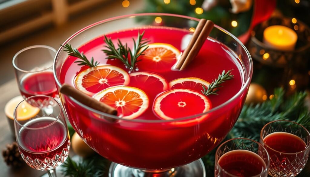 A festive punch bowl filled with a vibrant crimson liquid, garnished with slices of citrus fruit, cinnamon sticks, and sprigs of fresh rosemary. The scene is bathed in a warm, golden light, casting a cozy glow over the holiday gathering. Elegant crystal glasses surround the bowl, hinting at the delightful seasonal cocktails waiting to be poured. The overall atmosphere evokes a sense of joyful celebration, inviting guests to indulge in the flavors of the holidays.