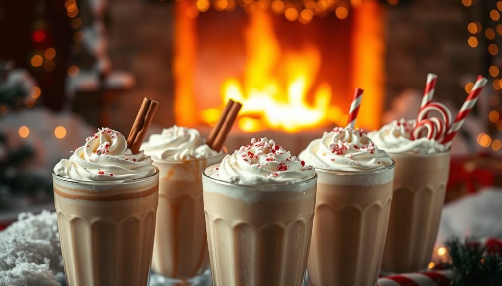 A festive scene of creamy, indulgent Christmas drinks set against a cozy, winter backdrop. In the foreground, a selection of lush, milkshake-like beverages adorned with whipped cream, cinnamon sticks, and sprinkles of crushed candy canes. The middle ground showcases a warm, fireplace glow, casting a soft, golden light across the drinks. In the background, a snow-covered landscape with twinkling lights in the distance, evoking a sense of holiday magic. The lighting is moody and atmospheric, with muted colors and a dreamlike quality, creating a visually captivating and mouthwatering display.