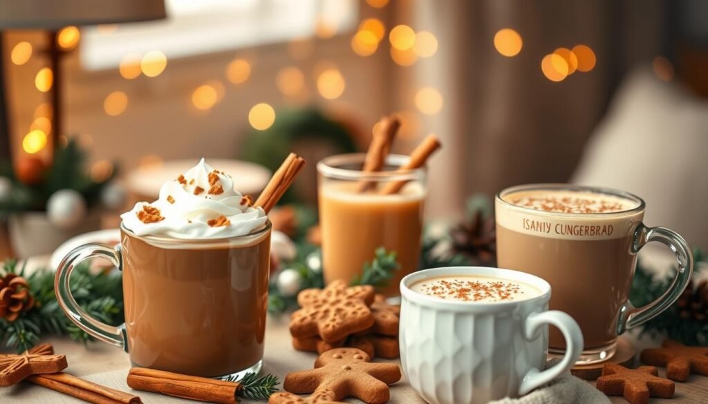 A festive scene of gingerbread-inspired Christmas drinks, captured in a cozy, soft-lit setting. In the foreground, a collection of mugs and glasses brimming with warm, inviting beverages - steaming hot chocolate with whipped cream and crushed gingerbread, a spiced apple cider with cinnamon sticks, and a frothy, creamy eggnog latte. The middle ground features a scattering of holiday greenery, cinnamon sticks, and gingerbread cookies, artfully arranged. The background is a blurred, atmospheric backdrop of twinkling fairy lights and a subtle, muted holiday palette, evoking a sense of holiday magic and comfort. Lighting is gentle, coming from a combination of warm, golden-hued lamps and natural window light, casting a cozy glow over the scene. The overall mood is inviting, festive, and perfect for the "Non-Alcoholic Options for Everyone" section of the article.