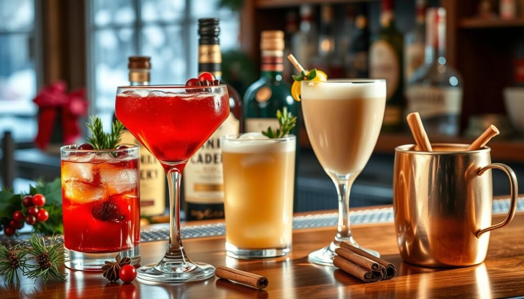 A festive scene of holiday-themed alcoholic drinks, captured in a warm, inviting atmosphere. In the foreground, an array of colorful cocktails adorned with festive garnishes - a cranberry-infused martini, a spiced apple cider toddy, and a creamy eggnog mule. The middle ground features a polished wooden bar top, with bottles of premium spirits and liqueurs in the background. The lighting is soft and cozy, creating a sense of holiday cheer. The composition is balanced, with the drinks taking center stage, surrounded by subtle seasonal accents like sprigs of holly, cinnamon sticks, and a touch of snow peeking through the window in the distance.
