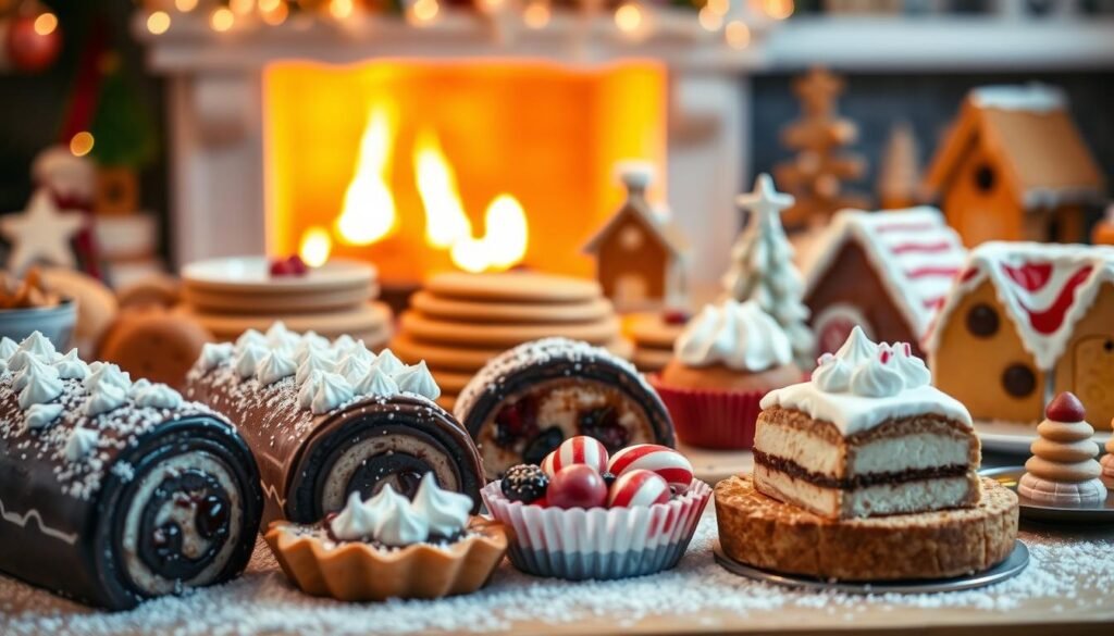 A festive scene of popular Christmas dessert trends, captured in a cozy, warm-lit kitchen setting. In the foreground, an array of glistening, decadent treats - rich chocolate yule logs adorned with snow-like meringue, flaky mince pies bursting with jewel-toned fruits, and classic candy cane-striped cheesecake slices. The midground features a variety of baked goods - fluffy panettone, buttery shortbread cookies, and glossy gingerbread houses, all expertly crafted. In the background, a glimpse of a fireplace casts a soft, golden glow, evoking a sense of holiday cheer and nostalgia. The overall composition conveys the mouthwatering allure and whimsical spirit of the season's most beloved dessert trends. A festive scene of popular Christmas dessert trends, captured in a cozy, warm-lit kitchen setting. In the foreground, an array of glistening, decadent treats - rich chocolate yule logs adorned with snow-like meringue, flaky mince pies bursting with jewel-toned fruits, and classic candy cane-striped cheesecake slices. The midground features a variety of baked goods - fluffy panettone, buttery shortbread cookies, and glossy gingerbread houses, all expertly crafted. In the background, a glimpse of a fireplace casts a soft, golden glow, evoking a sense of holiday cheer and nostalgia. The overall composition conveys the mouthwatering allure and whimsical spirit of the season's most beloved dessert trends.