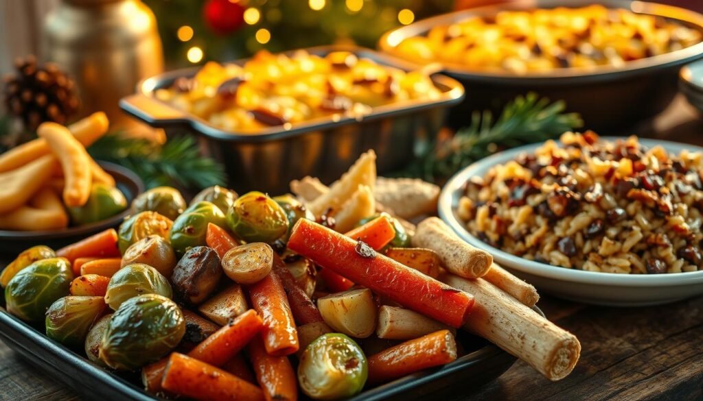 A festive scene of unique Christmas side dishes arranged on a rustic wooden table, bathed in warm, golden lighting. In the foreground, a vibrant array of roasted vegetables - Brussels sprouts, carrots, and parsnips - drizzled with a honey-balsamic glaze. In the middle ground, a creamy, cheesy scalloped potato gratin with a crisp, golden-brown topping. Behind it, a steaming dish of wild rice pilaf studded with cranberries and toasted pecans. The scene exudes a cozy, inviting atmosphere, capturing the essence of cherished holiday traditions with modern, imaginative twists.