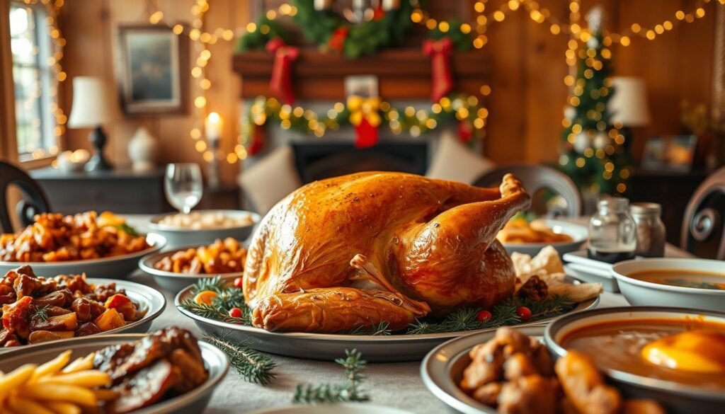A festive spread of unique regional Christmas main courses unfolds before the viewer. In the foreground, a beautifully roasted turkey takes center stage, its golden-brown skin glistening under warm, soft lighting. Surrounding it are an array of side dishes - a fragrant jambalaya from the South, a hearty beef Wellington from the Midwest, and a savory seafood chowder hailing from the Northeast. In the background, a cozy, wood-paneled dining room sets the stage, with twinkling fairy lights and a crackling fireplace creating a cozy, intimate atmosphere. The overall scene evokes a sense of culinary tradition and holiday cheer, inviting the viewer to imagine sitting down to this truly memorable Christmas feast. A festive spread of unique regional Christmas main courses unfolds before the viewer. In the foreground, a beautifully roasted turkey takes center stage, its golden-brown skin glistening under warm, soft lighting. Surrounding it are an array of side dishes - a fragrant jambalaya from the South, a hearty beef Wellington from the Midwest, and a savory seafood chowder hailing from the Northeast. In the background, a cozy, wood-paneled dining room sets the stage, with twinkling fairy lights and a crackling fireplace creating a cozy, intimate atmosphere. The overall scene evokes a sense of culinary tradition and holiday cheer, inviting the viewer to imagine sitting down to this truly memorable Christmas feast.
