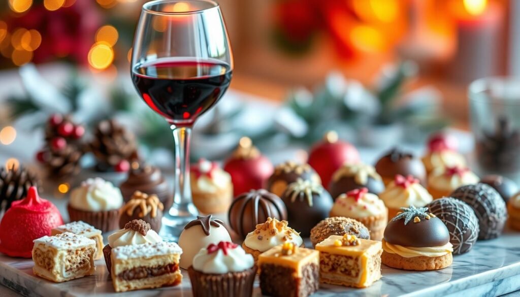 A festive still life showcasing an assortment of decadent desserts artfully arranged alongside a selection of holiday beverages. In the foreground, a variety of petit fours, bite-sized pastries, and rich chocolate truffles sit atop a marble slab, their vibrant colors and intricate textures illuminated by warm, soft lighting. In the middle ground, a crystal glass filled with a deep red, aromatic wine stands elegantly, its contents reflecting the seasonal splendor. The background subtly fades into a cozy, winter-themed setting, hinting at the holiday cheer that will accompany these divine pairings. The entire scene is imbued with a sense of indulgence and celebration, inviting the viewer to savor the delightful marriage of sweet and savory. A festive still life showcasing an assortment of decadent desserts artfully arranged alongside a selection of holiday beverages. In the foreground, a variety of petit fours, bite-sized pastries, and rich chocolate truffles sit atop a marble slab, their vibrant colors and intricate textures illuminated by warm, soft lighting. In the middle ground, a crystal glass filled with a deep red, aromatic wine stands elegantly, its contents reflecting the seasonal splendor. The background subtly fades into a cozy, winter-themed setting, hinting at the holiday cheer that will accompany these divine pairings. The entire scene is imbued with a sense of indulgence and celebration, inviting the viewer to savor the delightful marriage of sweet and savory.
