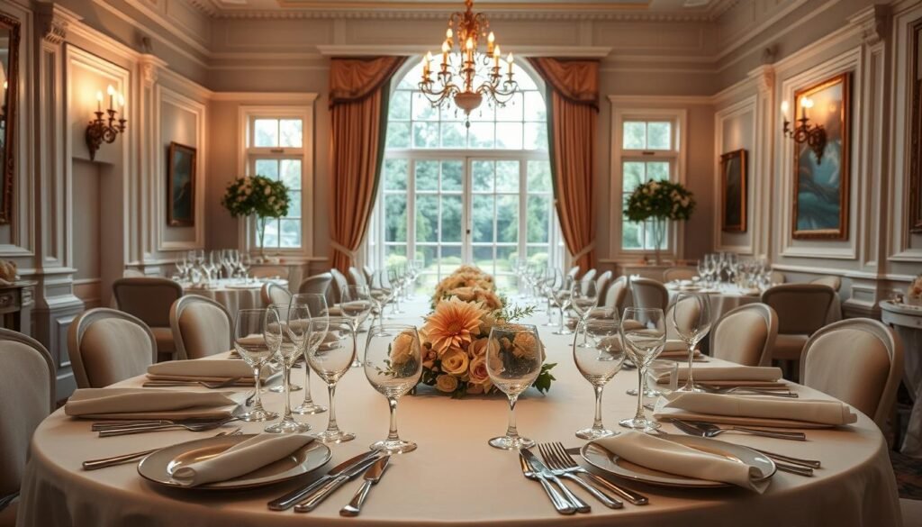 A formal table set with fine china, crystal glassware, and gleaming silver cutlery. Delicate floral centerpieces adorn the table, casting a soft, warm glow. In the background, a spacious, elegant dining room with high ceilings, ornate moldings, and a large, sash-draped window overlooking a manicured garden. The lighting is a blend of gentle chandeliers and natural daylight, creating a sophisticated, intimate atmosphere. The mood is one of refinement, indulgence, and the promise of a memorable culinary experience.