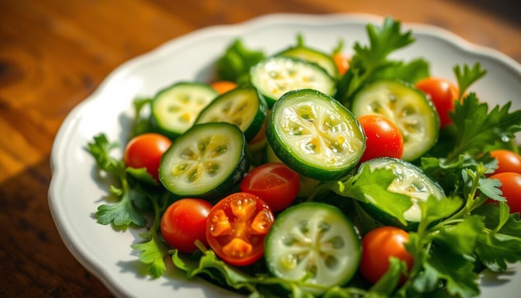 A fresh and vibrant cucumber salad, its slices glistening under warm, natural lighting. Crisp and juicy cucumber spears nestled among lush, green leafy greens, complemented by the subtle tang of a light vinaigrette dressing. Vibrant red and orange cherry tomatoes dot the scene, adding pops of color. The salad is arranged artfully on a white ceramic plate, capturing its healthful essence. A serene, calm atmosphere pervades the image, reflecting the refreshing nature of this nourishing dish. The overall composition emphasizes the simplicity and goodness of this cucumber-based salad, a culinary delight that nourishes body and soul.