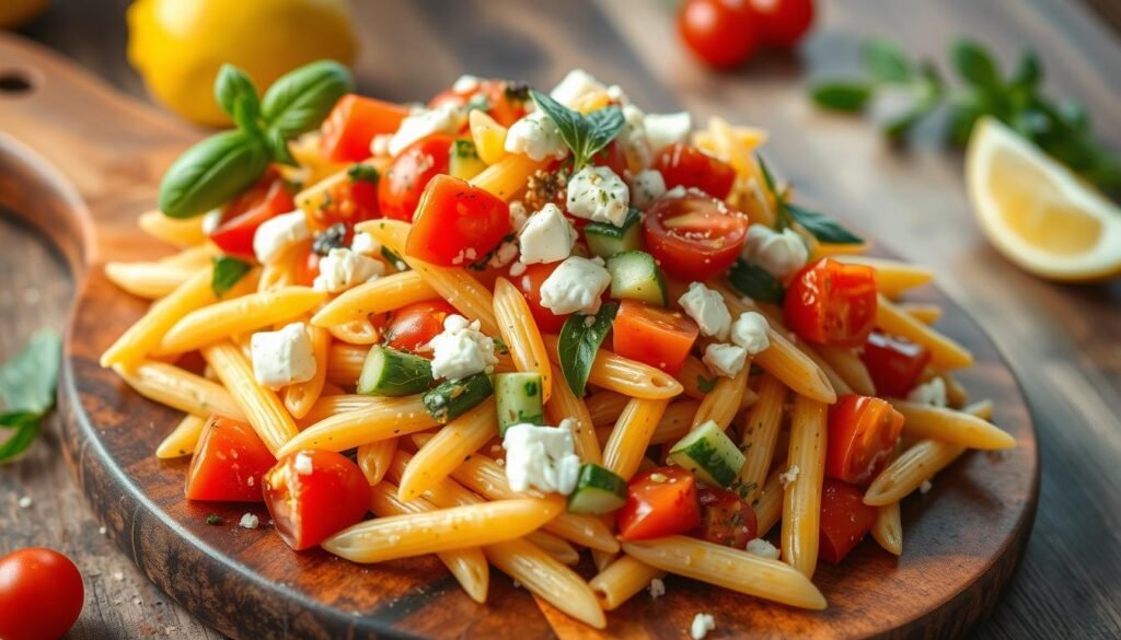 A freshly-prepared Mediterranean pasta salad takes center stage, its vibrant colors and textures inviting the viewer. Tender al dente penne noodles are tossed with a medley of diced tomatoes, crisp cucumber, tangy feta, and aromatic herbs like basil and oregano. A luscious olive oil and lemon dressing coats the ingredients, creating a harmonious balance of flavors. The salad is elegantly presented on a rustic wooden board, with a few stray pasta pieces and olive leaves adding to the authentic, homemade appeal. Soft, diffused lighting casts a warm glow, emphasizing the dish's Mediterranean origins. The overall scene exudes a wholesome, appetizing atmosphere, perfectly capturing the essence of a delectable vegetarian pasta dish.
