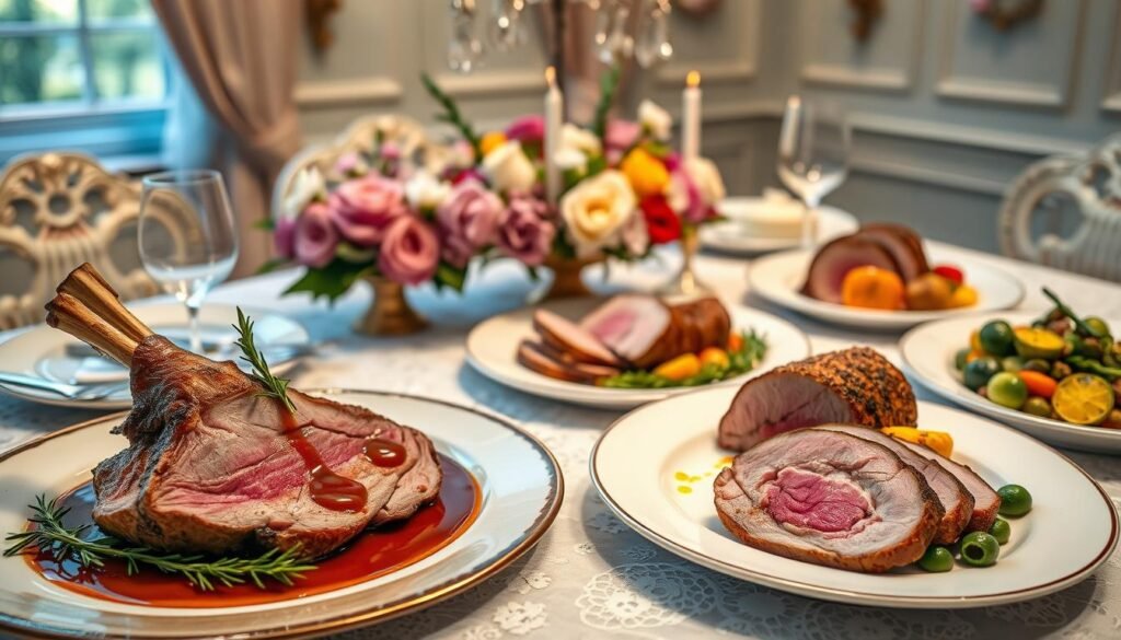 A grand, elegantly appointed dining table, adorned with a delicate lace tablecloth and a stunning centerpiece of fresh spring flowers. In the foreground, an array of artfully plated Easter dinner main courses: a succulent roasted leg of lamb, garnished with fragrant rosemary and a drizzle of rich, velvety gravy; a beautifully seared rack of lamb, the meat glistening under soft, directional lighting; and a vibrant vegetable terrine, its layers of colorful produce accented by a vibrant herb oil. The middle ground features classic Easter sides like fluffy garlic mashed potatoes and a vibrant, citrus-kissed Brussels sprout dish. The background is softly blurred, creating a sense of depth and drawing the eye to the meticulously crafted plates. An atmosphere of refined elegance and culinary artistry pervades the scene. A grand, elegantly appointed dining table, adorned with a delicate lace tablecloth and a stunning centerpiece of fresh spring flowers. In the foreground, an array of artfully plated Easter dinner main courses: a succulent roasted leg of lamb, garnished with fragrant rosemary and a drizzle of rich, velvety gravy; a beautifully seared rack of lamb, the meat glistening under soft, directional lighting; and a vibrant vegetable terrine, its layers of colorful produce accented by a vibrant herb oil. The middle ground features classic Easter sides like fluffy garlic mashed potatoes and a vibrant, citrus-kissed Brussels sprout dish. The background is softly blurred, creating a sense of depth and drawing the eye to the meticulously crafted plates. An atmosphere of refined elegance and culinary artistry pervades the scene.