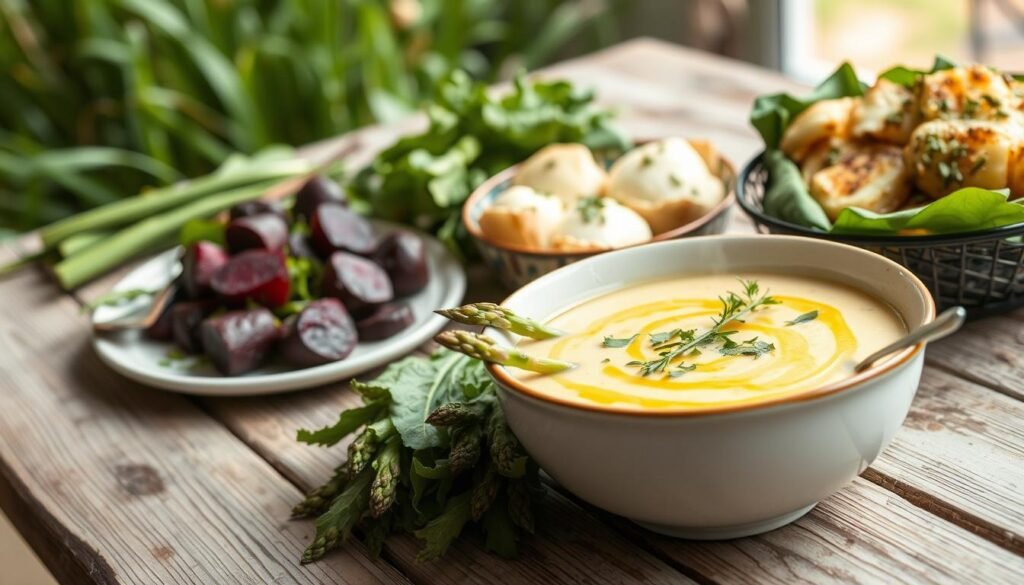 A hearty assortment of nourishing Easter side dishes, arranged artfully on a rustic wooden table. In the foreground, a steaming bowl of creamy asparagus soup, garnished with fresh herbs and a drizzle of olive oil. Surrounding it, a variety of seasonal vegetables - roasted beets with a vibrant garlic-herb dressing, tender spring greens with a tangy vinaigrette, and fluffy twice-baked potatoes topped with melted cheese. In the background, a lush, verdant backdrop suggests the renewal and awakening of spring. The lighting is soft and natural, casting a warm, inviting glow over the scene. The overall mood is one of wholesome, comforting abundance, perfect for an Easter feast.