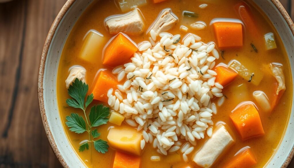 A hearty bowl of chicken and rice soup, simmered with tender chunks of chicken, fresh carrots, celery, and onions in a flavorful broth. A sprinkle of fragrant thyme and parsley add depth, while a generous serving of long-grain rice fills the center, creating a comforting and nourishing meal. Soft lighting casts a warm glow, highlighting the rich, golden hue of the soup. The scene is captured from a top-down perspective, showcasing the soup's inviting textures and garnishes in a rustic, homemade presentation.