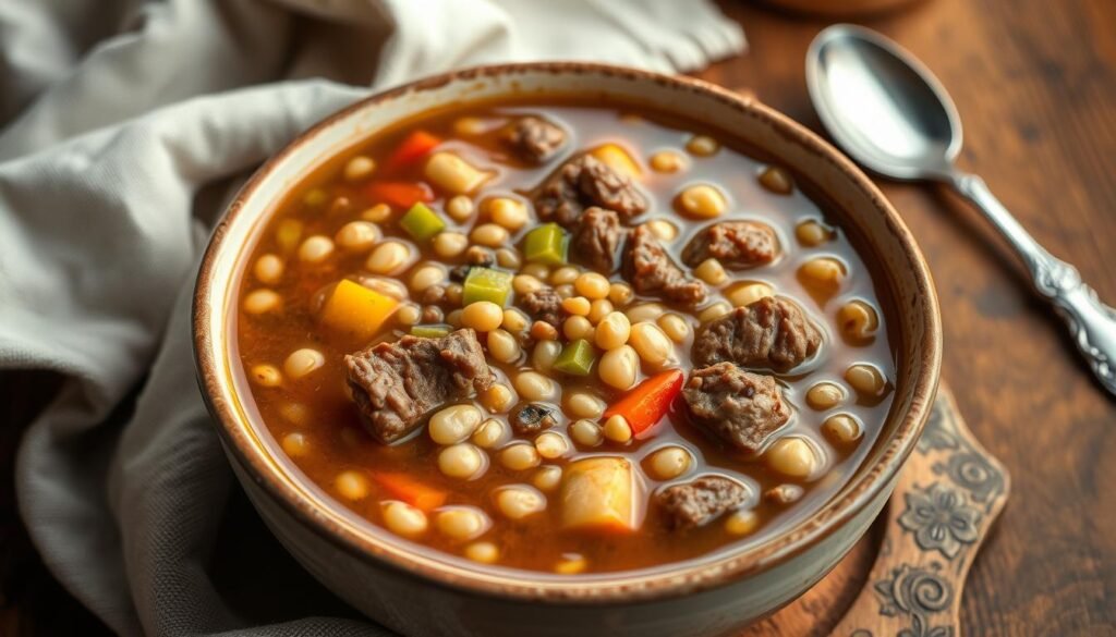A hearty bowl of homemade barley and ground beef soup, simmered to perfection. In the foreground, tender chunks of savory beef and plump barley grains float in a rich, warming broth. Surrounding the bowl, a mirepoix of diced onions, carrots, and celery add depth of flavor. The background features a rustic wooden table, with a linen napkin and antique spoon nearby, creating a cozy, farmhouse-inspired atmosphere. Soft, natural lighting casts a gentle glow, highlighting the soup's inviting aroma and rustic presentation. The overall mood is one of comfort, nourishment, and the gratifying simplicity of a homemade meal.