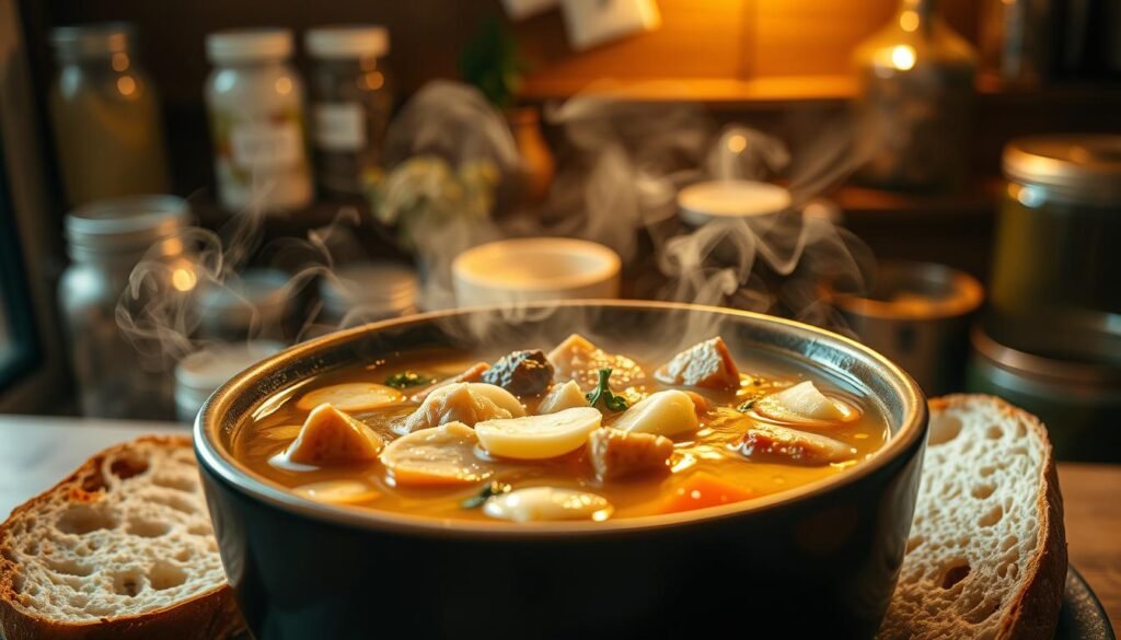 A hearty bowl of homemade soup, steam rising, illuminated by warm, golden lighting. In the foreground, chunky vegetables and tender meat pieces float in a rich, savory broth. The middle ground showcases crusty bread slices, their crust glistening, ready to be dipped. In the background, a cozy kitchen scene with rustic wooden shelves and jars of herbs and spices. The overall atmosphere is comforting, nourishing, and inviting, perfect for a satisfying meal on a chilly day.