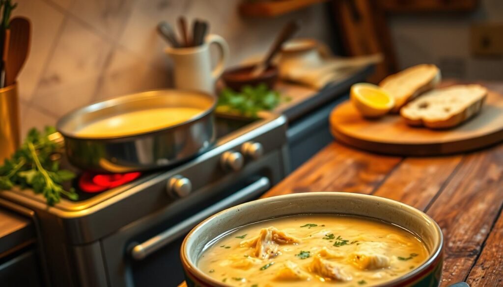 A hearty, creamy chicken soup simmers on a cozy kitchen counter, surrounded by fresh herbs, simmering on a vintage stove under soft, warm lighting. A bowl of the comforting soup sits in the foreground, its rich, velvety broth and tender chicken chunks beckoning to be tasted. In the background, a rustic wooden table is set with fresh bread and a lemon wedge, creating a welcoming and inviting atmosphere. The scene evokes feelings of nourishment, homemade care, and the soothing embrace of a comforting, homemade meal.