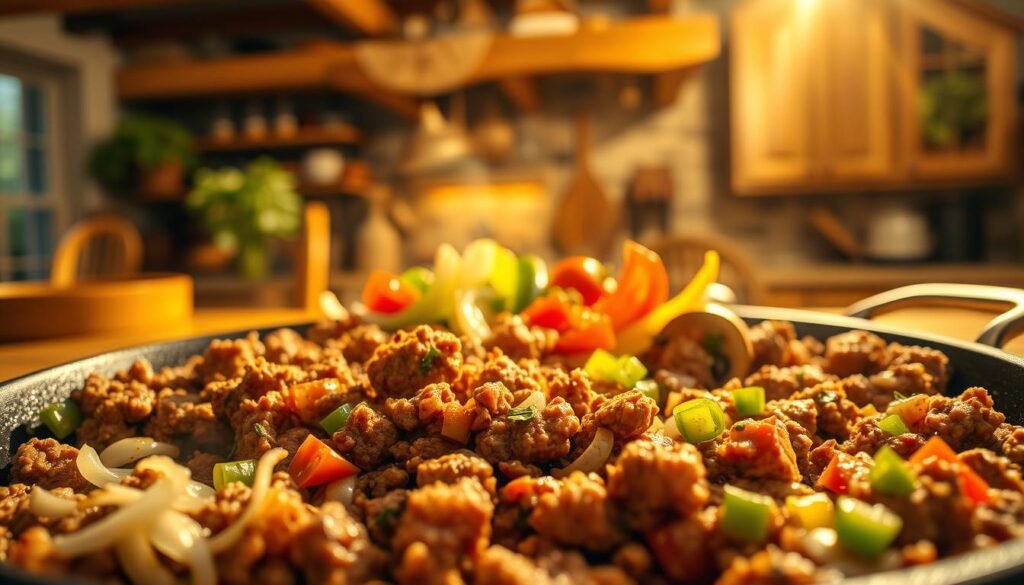 A hearty, home-cooked ground beef skillet scene, bathed in warm, golden light. In the foreground, sizzling ground beef, onions, and fragrant spices fill the air. In the middle ground, a variety of vibrant vegetables - diced tomatoes, bell peppers, and mushrooms - mingle with the beef. The background features a rustic, farmhouse-style kitchen, with wooden cabinets, exposed beams, and a cozy, inviting atmosphere. The scene evokes the comforting aroma and satisfying flavors of a delicious, family-friendly ground beef skillet dinner, perfect for a relaxed evening meal.