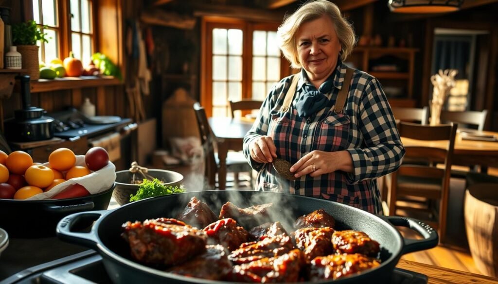 A hearty pioneer woman stands proudly in a rustic farmhouse kitchen, sunlight streaming through the windows as she prepares a savory beef dish. In the foreground, tender cuts of beef sear in a cast-iron skillet, releasing mouthwatering aromas. Surrounded by an abundance of fresh produce and traditional cookware, she expertly seasons the meal with herbs and spices, her hands steady and experienced. In the background, a cozy dining area beckons, with a heavy wooden table and sturdy chairs, ready to host a gathering of loved ones. The scene evokes a sense of nourishment, hard-earned self-reliance, and the enduring spirit of the pioneer way of life.