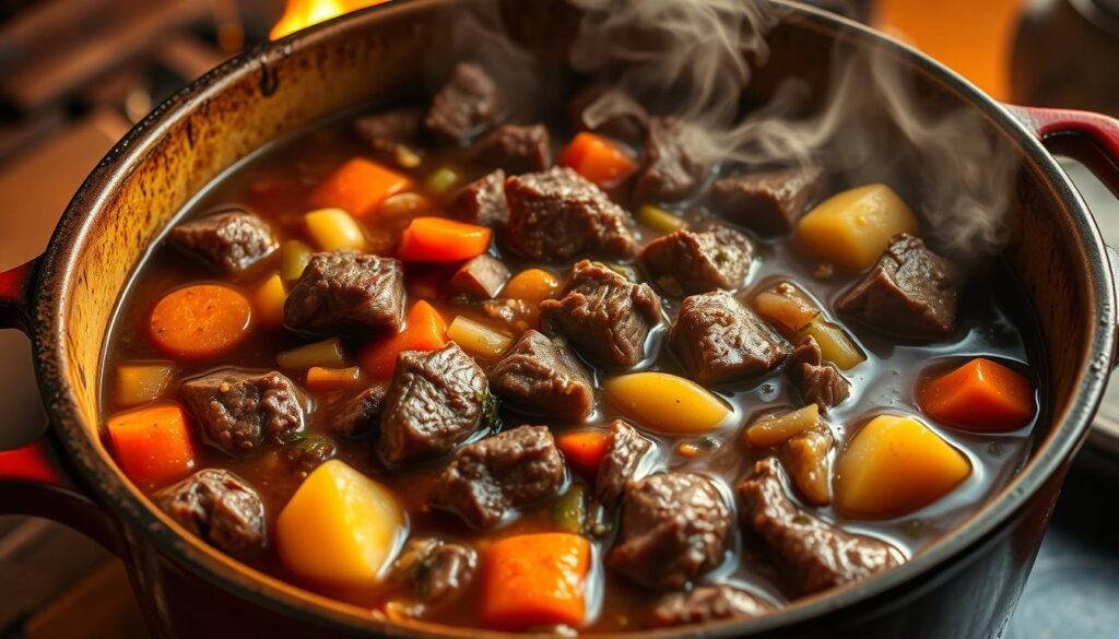 A hearty, slow-cooked beef stew simmering in a large cast-iron pot, steam gently rising from the rich, savory broth. The beef chunks are tender and infused with the aroma of sautéed onions, garlic, and fragrant herbs. Carrots, potatoes, and celery add vibrant pops of color, creating a rustic, homey scene. The lighting is warm and inviting, casting a soft glow over the scene, as if illuminated by the flickering flames of a fireplace. The camera angle is slightly elevated, giving a birds-eye view of the stew, showcasing its depth and texture. The overall mood is comforting and cozy, evoking feelings of a soothing, nourishing meal on a chilly day.