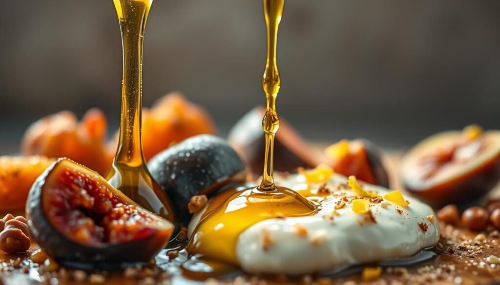 A heavenly drizzle of golden olive oil cascades over a lush dessert, its glistening trails illuminating the delicate crunch of caramelized figs and the velvety richness of mascarpone. Nestled amidst this Mediterranean-inspired tableau, a scattering of freshly ground spices and a sprinkling of fragrant citrus zest elevate the senses. The scene is bathed in warm, soft lighting, capturing the alluring essence of "Delectable Desserts" within the context of the bountiful Mediterranean diet. Captured through an artistic, close-up lens, this image invites the viewer to indulge in the sumptuous flavors and textures of this captivating olive oil-infused delight.