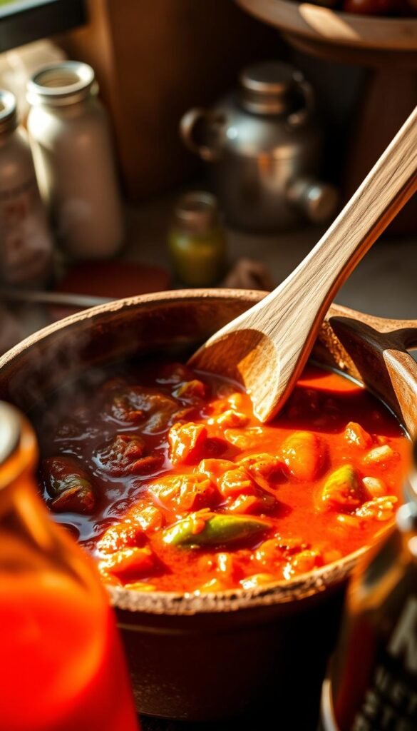 A homemade Caribbean hot sauce with vibrant Scotch bonnet peppers, ripe tomatoes, aromatic onions, and a hint of garlic simmers in a rustic clay pot. The warm, sunlit kitchen exudes the rich, spicy aroma, while a wooden spoon gently stirs the bubbling mixture. Soft, natural lighting casts subtle shadows, highlighting the sauce's thick, glossy texture. The glass bottle nearby, ready to be filled, reflects the kitchen's earthy tones. This traditional Caribbean condiment embodies the vibrant flavors and welcoming atmosphere of island cooking.