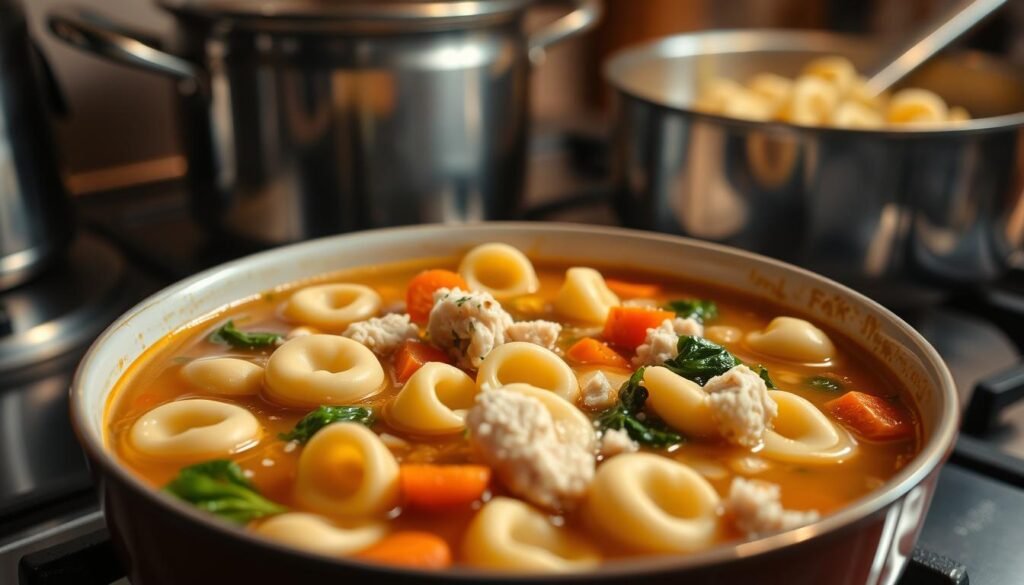 A hot bowl of quick and easy tortellini soup, gently simmering on a stove. The foreground features plump tortellini pasta in a rich, savory broth, with fresh herbs and a sprinkle of parmesan cheese. In the middle ground, chunks of tender chicken and diced vegetables such as carrots, onions, and spinach add heartiness and color. The background shows a cozy kitchen scene, with soft, warm lighting reflecting off the stainless steel pots and pans. The overall mood is comforting and inviting, perfect for a busy weeknight dinner.