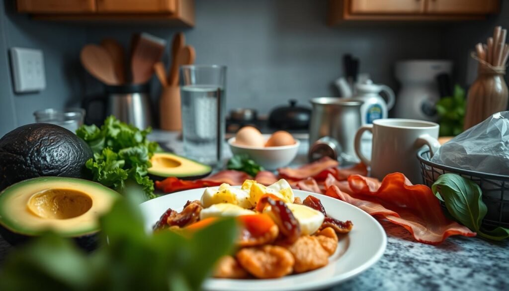 A kitchen counter cluttered with various keto-friendly foods, including avocado, eggs, bacon, and leafy greens. In the foreground, a plate of a keto breakfast dish is partially obscured, suggesting a mistake or misstep. The middle ground features a glass of water and a coffee mug, representing common keto breakfast beverages. The background is dimly lit, with a sense of frustration and confusion. The lighting is soft and slightly moody, creating an atmosphere of contemplation and self-reflection. The camera angle is slightly elevated, giving the viewer a birds-eye perspective on the scene.