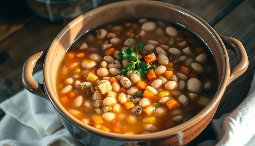 A large ceramic bowl filled with a hearty, traditional bean soup, steaming with savory aromas. The beans are plump and tender, simmered to perfection with diced onions, carrots, and celery in a rich, flavorful broth. Garnished with freshly chopped parsley, a sprinkle of black pepper, and a drizzle of olive oil, illuminated by soft, natural lighting from the side. The bowl is placed on a rustic wooden table, with a simple white linen napkin nearby, creating a warm, comforting and homemade atmosphere.