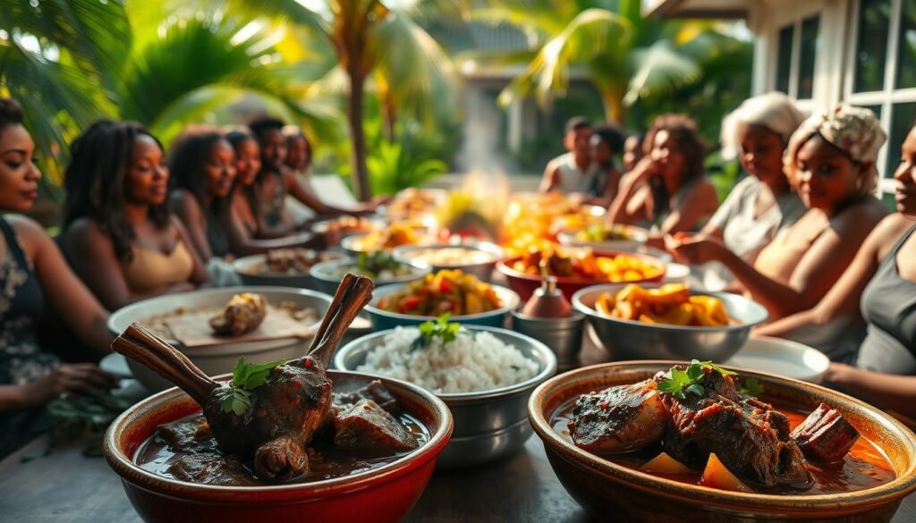 A large group gathers around a table laden with Caribbean-inspired oxtail dishes. In the foreground, steaming bowls of rich, tender oxtail stew, the meat falling off the bone, garnished with vibrant herbs. In the middle ground, platters of fragrant rice and peas, vibrant callaloo, and crisp fried plantains. The background features a lush tropical setting, with swaying palm trees and a sun-dappled patio, creating a warm, inviting atmosphere. Soft, golden lighting casts a cozy glow over the scene, emphasizing the mouthwatering textures and flavors of the shared Caribbean feast.