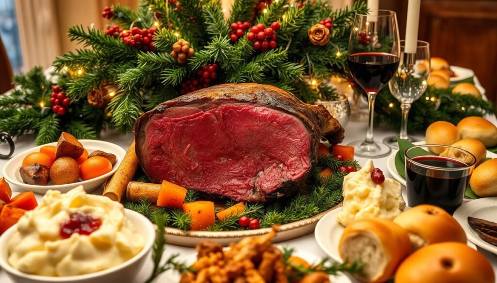 A lavish Christmas dinner table, adorned with a centerpiece of lush evergreens, twinkling fairy lights, and a sumptuous prime rib roast as the main course. The prime rib is beautifully seared, with a deep, caramelized crust and a juicy, tender interior. Surrounding the prime rib are roasted root vegetables, creamy garlic mashed potatoes, and a rich, velvety red wine reduction sauce. Soft, warm dinner rolls and a selection of festive holiday appetizers complete the feast. The lighting is warm and inviting, casting a cozy glow across the table. The overall atmosphere is one of elegance, indulgence, and the promise of cherished holiday memories. A lavish Christmas dinner table, adorned with a centerpiece of lush evergreens, twinkling fairy lights, and a sumptuous prime rib roast as the main course. The prime rib is beautifully seared, with a deep, caramelized crust and a juicy, tender interior. Surrounding the prime rib are roasted root vegetables, creamy garlic mashed potatoes, and a rich, velvety red wine reduction sauce. Soft, warm dinner rolls and a selection of festive holiday appetizers complete the feast. The lighting is warm and inviting, casting a cozy glow across the table. The overall atmosphere is one of elegance, indulgence, and the promise of cherished holiday memories.