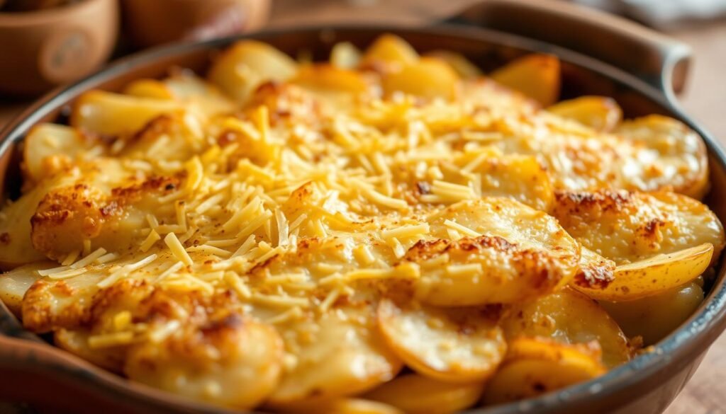 A lavish dish of golden-brown au gratin potatoes takes center stage, its crisp, cheesy topping glistening under the soft, warm lighting. Tender potato slices are layered with creamy béchamel sauce and a generous sprinkle of aged cheddar cheese. The potatoes are arranged in a rustic, earthenware baking dish, lending an artisanal, homemade feel to the scene. The image is shot from a slightly elevated angle, highlighting the luscious, layered texture of the dish. The background is blurred, keeping the focus on the stunning, mouth-watering au gratin potatoes, ready to be savored as a side to a variety of cuisines.