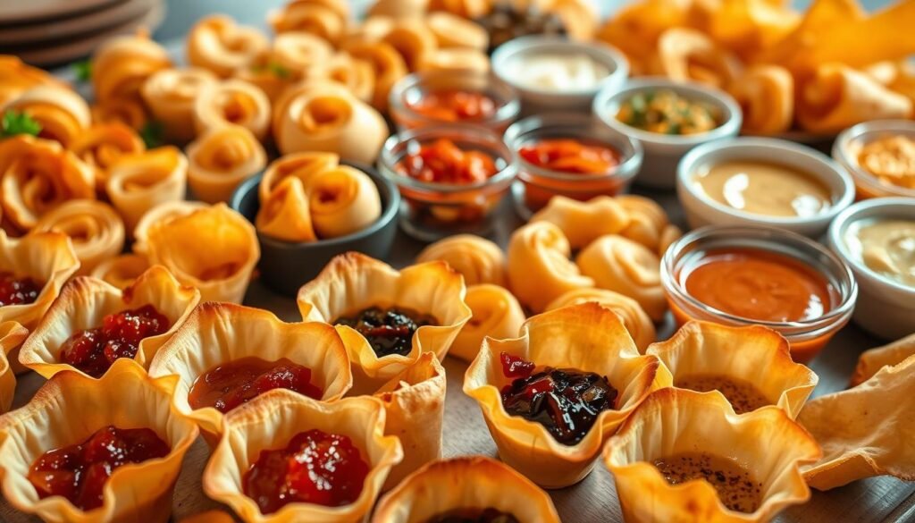 A lavish spread of unique phyllo dough appetizers, each accompanied by its own captivating dipping sauce. In the foreground, delicate phyllo pastry cups filled with tantalizing flavors - perhaps a sweet onion jam, a zesty lemon-herb aioli, or a rich balsamic reduction. The middle ground showcases an array of phyllo rolls, spirals, and triangles, their crispy layers shimmering under the warm, inviting lighting. In the background, small bowls of these distinctive dipping sauces create a visually enticing tableau, ready to elevate each phyllo morsel to new heights of flavor. The overall atmosphere exudes sophistication, making this scene a centerpiece for the "Dipping Sauces for Phyllo Appetizers" section.