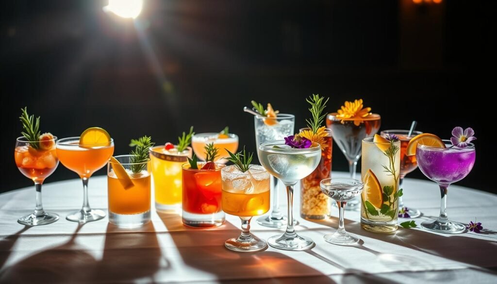 A lavishly decorated beverage presentation, showcasing an array of artfully arranged garnishes and presentation techniques. The table is set with a crisp white tablecloth, and a selection of glassware in various shapes and sizes, each holding a unique cocktail or mocktail. Carefully placed fruit slices, herb sprigs, edible flowers, and other decorative elements add vibrant pops of color and a touch of elegance. Dramatic lighting from above casts a warm, inviting glow, creating a sense of sophistication and attention to detail. The overall scene exudes a captivating atmosphere, enticing the viewer to experience the joy of an expertly crafted beverage presentation.