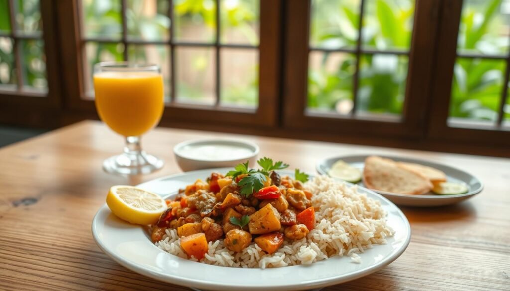 A light, balanced Indian lunch is artfully arranged on a wooden table. In the foreground, a plate showcases a vibrant mix of sautéed vegetables, lentil curry, and fragrant basmati rice. Garnished with fresh coriander and a wedge of lemon, the dish radiates warmth and nourishment. In the middle ground, a small bowl of cooling raita and a glass of refreshing mango lassi accent the meal. The background features a window overlooking a lush, verdant garden, diffusing the space with soft, natural light. The overall composition exudes a sense of harmony, inviting the viewer to savor the flavors and textures of this wholesome, nutritious Indian lunch.