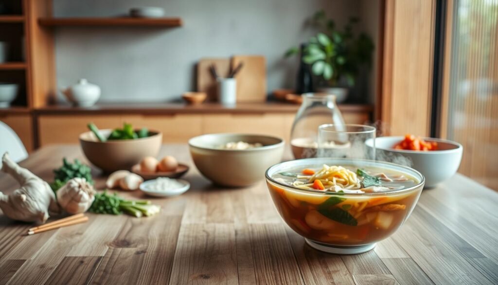 A lively, inviting scene of a variety of quick and easy Asian soup recipes. In the foreground, a steaming bowl of aromatic broth filled with fresh noodles, colorful vegetables, and tender meat or seafood. The middle ground features an assortment of ingredients - ginger, garlic, soy sauce, and herbs - artfully arranged on a wooden table. In the background, a minimalist, Japanese-inspired kitchen setting with clean lines and natural tones, bathed in warm, diffused lighting. The overall mood is one of simplicity, comfort, and the alluring flavors of the East, inviting the viewer to savor these nourishing and satisfying soup creations.