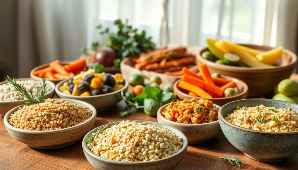 A lively, well-lit scene showcasing an array of vibrant, healthful Easter side dishes. In the foreground, a wooden table laden with an assortment of unique grains - quinoa, farro, and bulgur - artfully arranged in rustic bowls. Sprigs of fresh herbs, such as rosemary and thyme, add pops of green. The middle ground features a selection of roasted vegetables, including colorful beets, carrots, and Brussels sprouts, drizzled with a light dressing. In the background, a soft, natural light filters through airy, linen curtains, casting a warm, inviting glow over the scene. The overall mood is one of freshness, vitality, and the essence of spring.