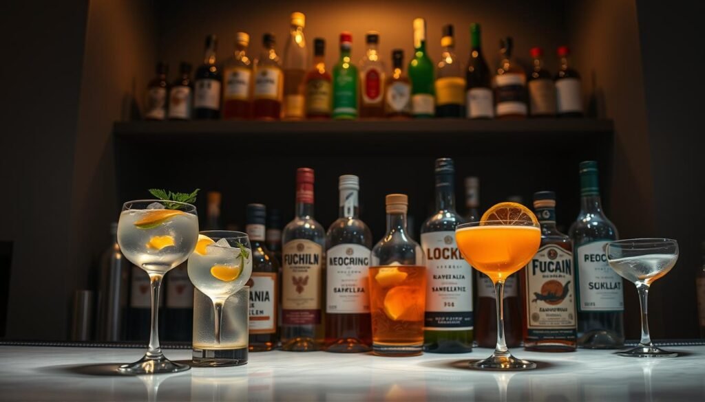 A low-lit bar counter displays an artful arrangement of low-alcohol beverages. In the foreground, delicate stems hold refreshing cocktails - perhaps a spritz with a lemon twist, a highball with a sprig of mint, or a negroni-inspired aperitif with a vibrant orange slice. The middle ground showcases an assortment of bottled low-alcohol spirits, their labels showcasing minimalist designs. In the background, a dimly lit shelf holds an eclectic collection of bitters, syrups, and other mixers, hinting at the craft and creativity behind these sessionable libations. Soft, warm lighting casts a cozy, intimate atmosphere, inviting the viewer to explore this selection of elevated yet approachable alcoholic drinks.